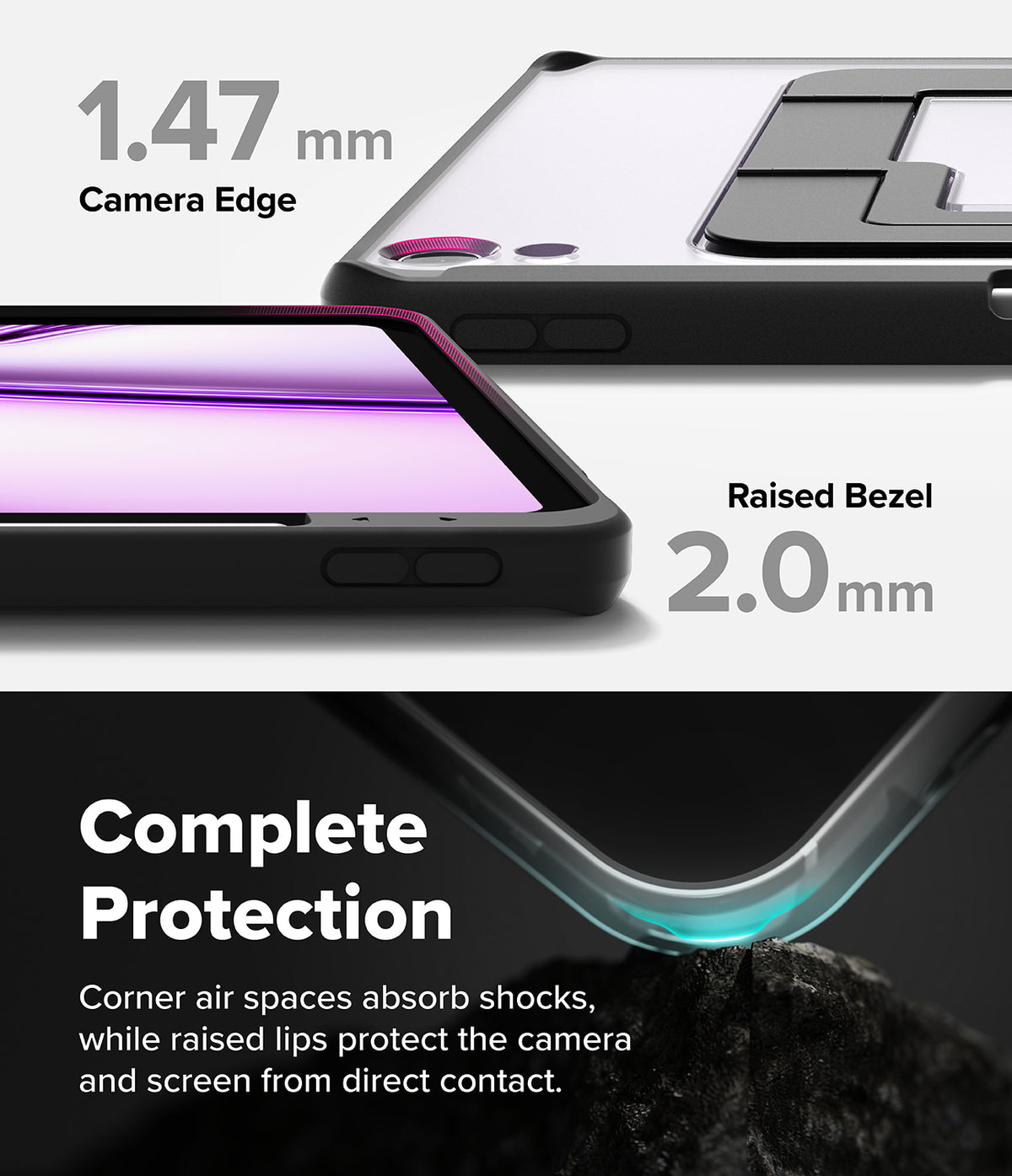 Ringke Apple iPad Pro (11") / Air (11", 10.9") Case [Multiverse Case] - Promotional graphic for a phone case showing dimensions and protection features: 1.47 mm camera edge, 2.