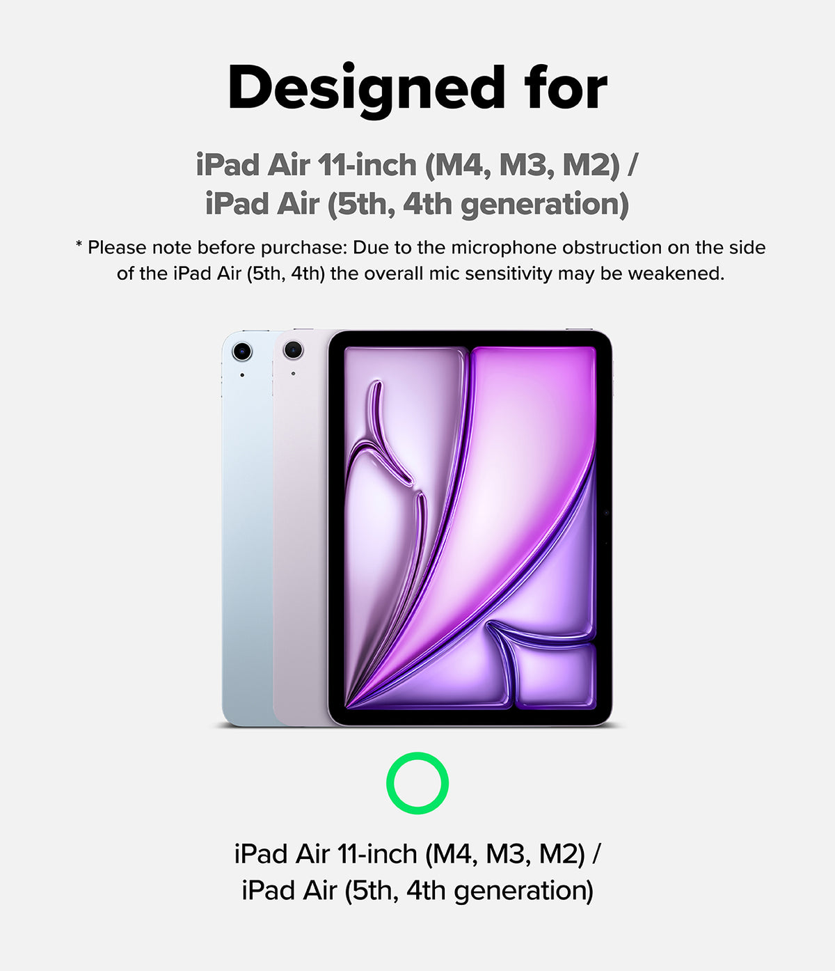 Ringke Apple iPad Pro (11") / Air (11", 10.9") Case [Multiverse Case] - Promotional graphic for an iPad Air 11-inch compatibility, showing a tablet with a purple wallpaper and two silver side views on a light gray background with text specifying supported iPad generations and a note about microphone sensitivity.
