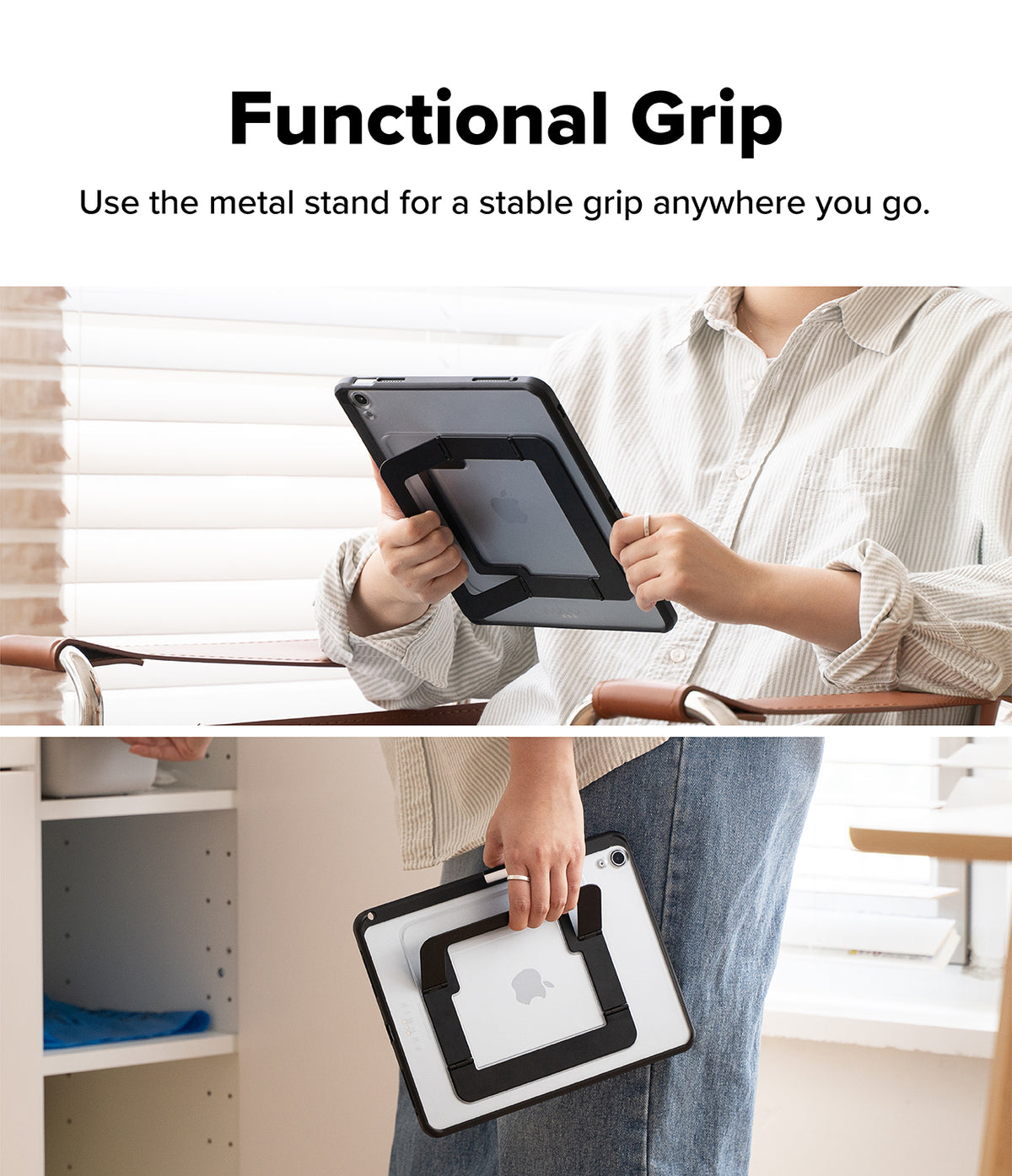 Ringke Apple iPad Pro (11") / Air (11", 10.9") Case [Multiverse Case] - A split-panel promotional image showing a person holding a tablet with a black and silver protective case that includes a metal stand grip. The top panel has text reading 'Functional Grip' and 'Use the metal stand for a stable grip anywhere you go.
