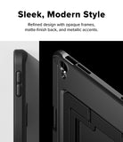 Ringke Apple iPad Pro (11") / Air (11", 10.9") Case [Multiverse Case] - A close-up promotional view of a black protective tablet case with text reading 'Sleek, Modern Style' above it. The case is shown in side and back angles against a split white and black background, emphasizing a refined design with opaque frames, matte finish, and metallic accents.