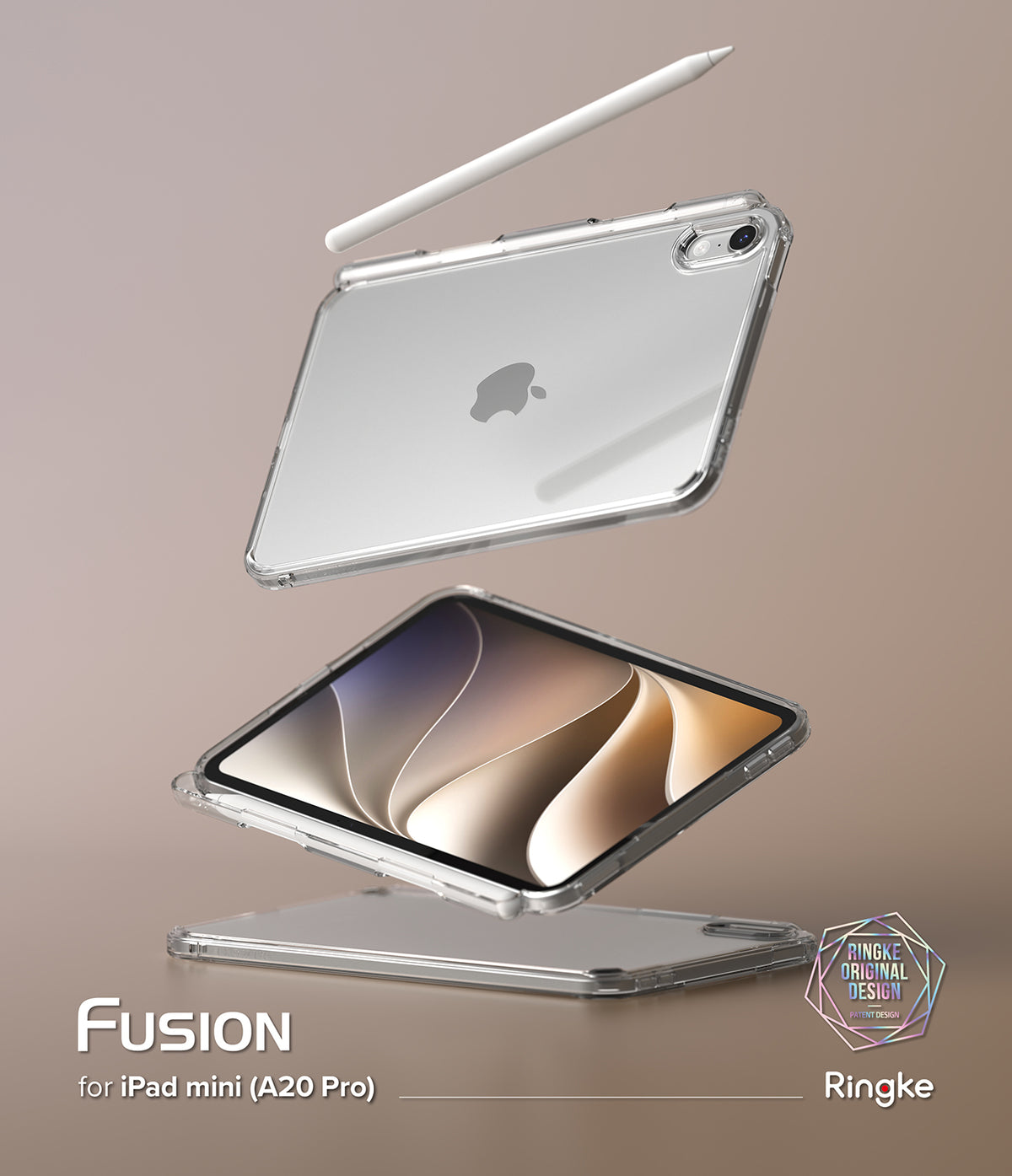 Apple iPad mini 8th A20 Pro Clear Case Ringke Fusion - Transparent clear protective case for iPad mini (A20 Pro) shown floating with a white stylus, on a warm beige background. The Ringke Fusion case is transparent, allowing the silver Apple iPad inside to be visible.