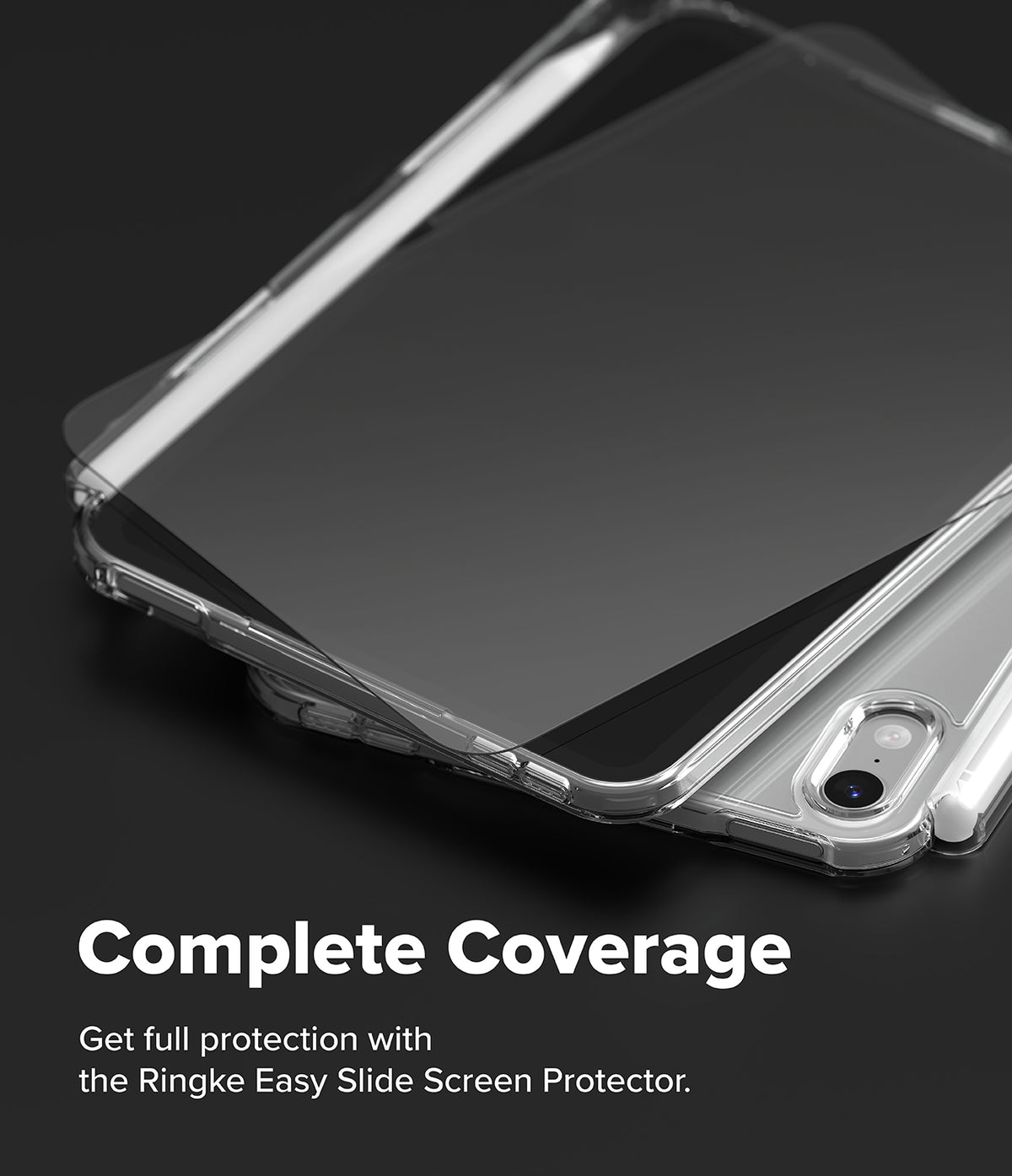 Apple iPad mini 8th A20 Pro Clear Case Ringke Fusion - A clear phone screen protector shown partially slid off a smartphone, with large white text reading 'Complete Coverage' and smaller text below about Ringke Easy Slide Screen Protector on a dark background.