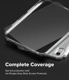 Apple iPad mini 8th A20 Pro Clear Case Ringke Fusion - A clear phone screen protector shown partially slid off a smartphone, with large white text reading 'Complete Coverage' and smaller text below about Ringke Easy Slide Screen Protector on a dark background.