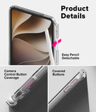 Apple iPad mini 8th A20 Pro Clear Case Ringke Fusion - Product details graphic showing a clear protective phone case on a smartphone, with text highlighting features such as a detachable pencil slot, camera control button coverage, and covered buttons. Two smaller detail views appear at the bottom.