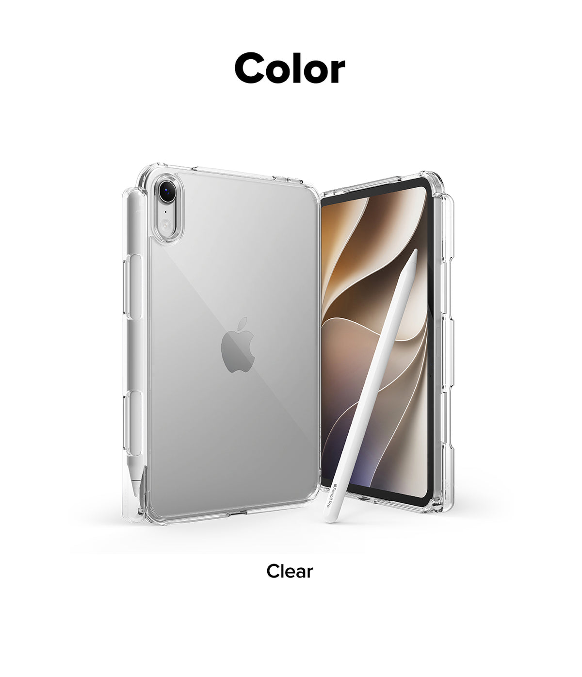 Apple iPad mini 8th A20 Pro Clear Case Ringke Fusion - A clear protective phone case shown on a silver Apple iPhone, with the back and front views displayed side by side on a white background. The text 'Color' is at the top and 'Clear' is at the bottom, indicating the transparent color variant of the case.