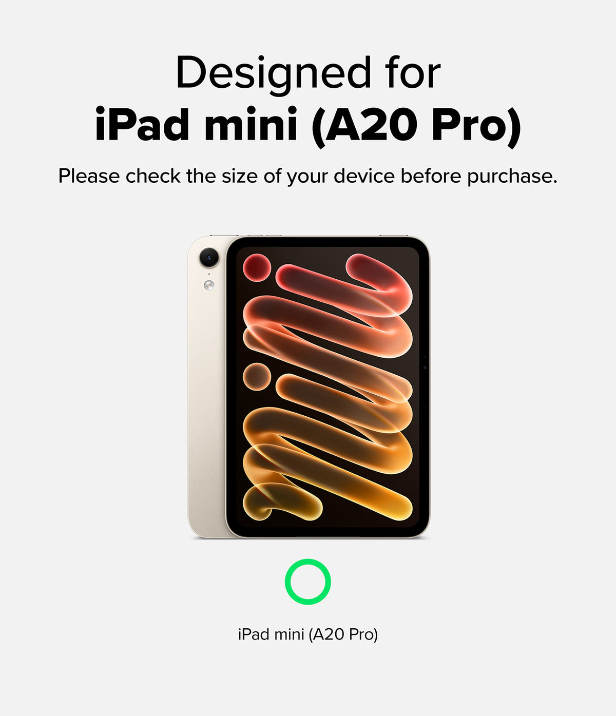 Apple iPad mini 8th A20 Pro Clear Case Ringke Fusion - Promotional graphic for an iPad mini (A20 Pro) showing the front and back of the device on a light gray background, with text stating it is designed for iPad mini (A20 Pro) and a green circle icon below.