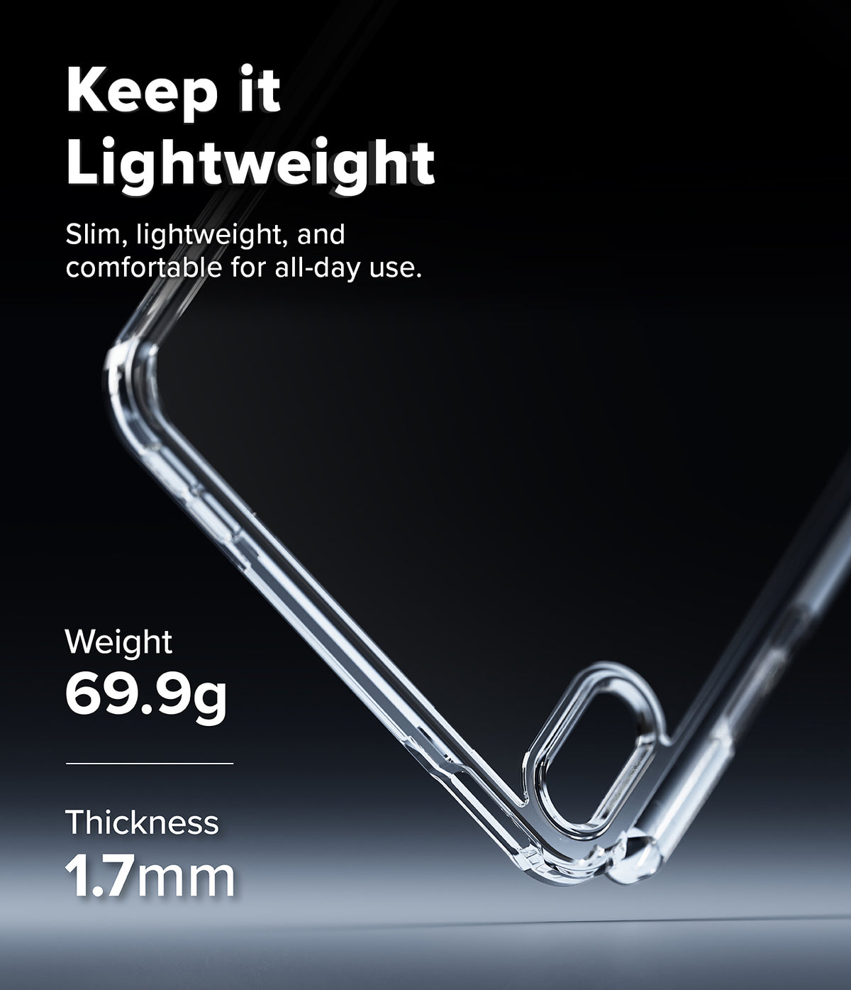 Apple iPad mini 8th A20 Pro Clear Case Ringke Fusion - Clear transparent phone case shown at an angle on a dark background with text highlighting its lightweight design, weight of 69.9g, and thickness of 1.