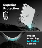 Apple iPad mini 8th A20 Pro Clear Case Ringke Fusion - Clear protective phone case shown floating above dark rocks with text reading 'Superior Protection' and 'Impact-Absorbing Air Pocket Corners.' The case is transparent with a visible Apple logo through it, and the image includes a military-impact-test badge graphic.
