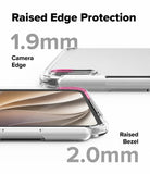 Apple iPad mini 8th A20 Pro Clear Case Ringke Fusion - A clear phone case shown from multiple angles with text highlighting raised edge protection: 1.9mm at the camera edge and 2.