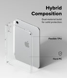 Apple iPad mini 8th A20 Pro Clear Case Ringke Fusion - Clear hybrid phone case shown around a silver smartphone on a light gray background, with text reading 'Hybrid Composition' and callouts for 'Flexible TPU' and 'Hard PC'.