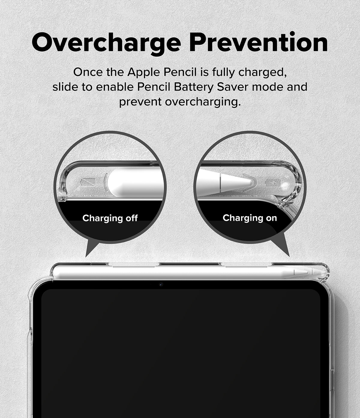 Apple iPad mini 8th A20 Pro Clear Case Ringke Fusion - Promotional graphic for an Apple Pencil battery saver feature, titled 'Overcharge Prevention,' with explanatory text and two circular callouts showing charging off and charging on positions on a clear protective case.