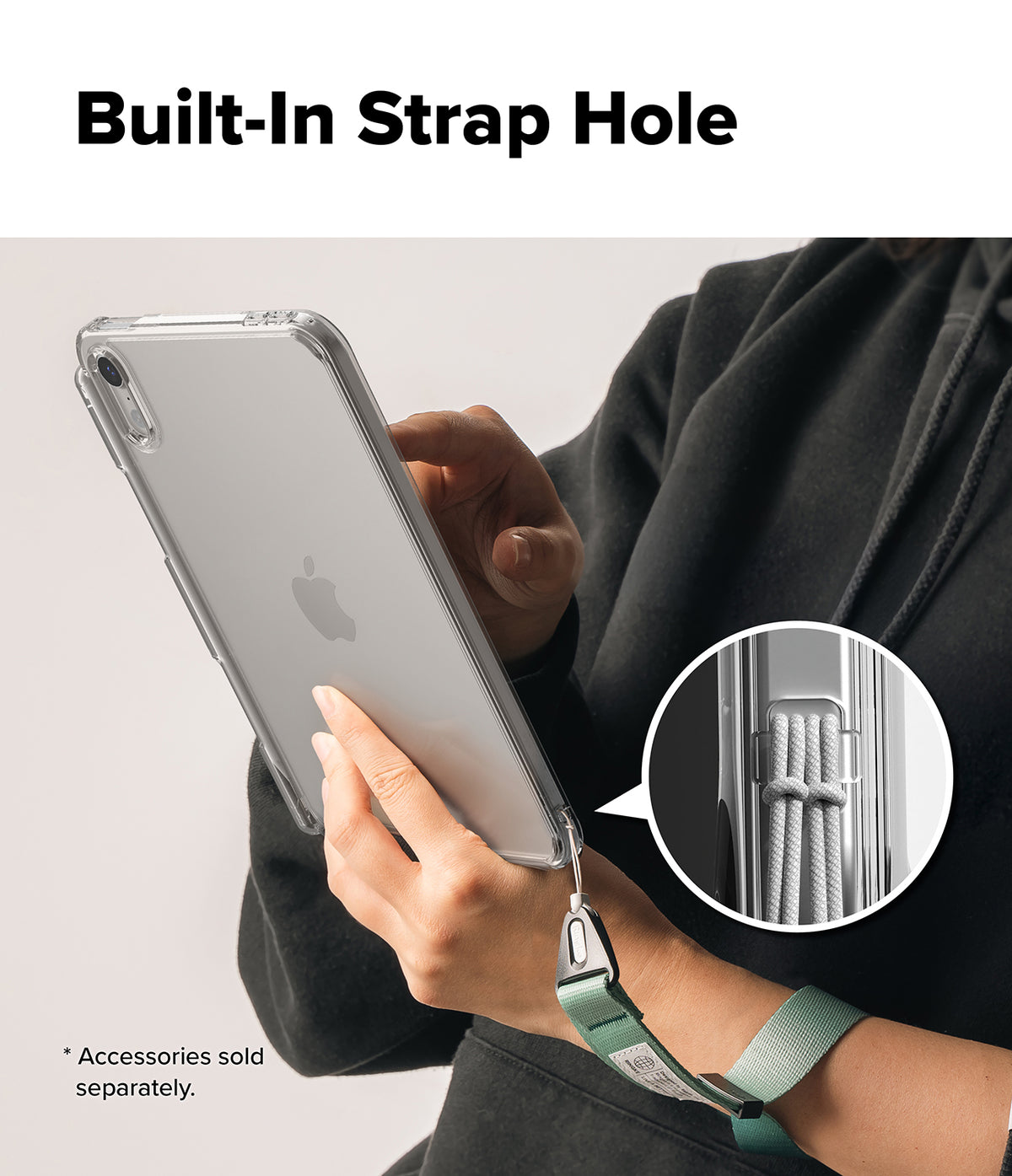 Apple iPad mini 8th A20 Pro Clear Case Ringke Fusion - A clear phone case with a built-in strap hole, shown on a phone held by a person. The image includes a circular inset showing the rope accessory threaded through the case's strap hole, with text reading 'Built-In Strap Hole' at the top and a note that accessories are sold separately.