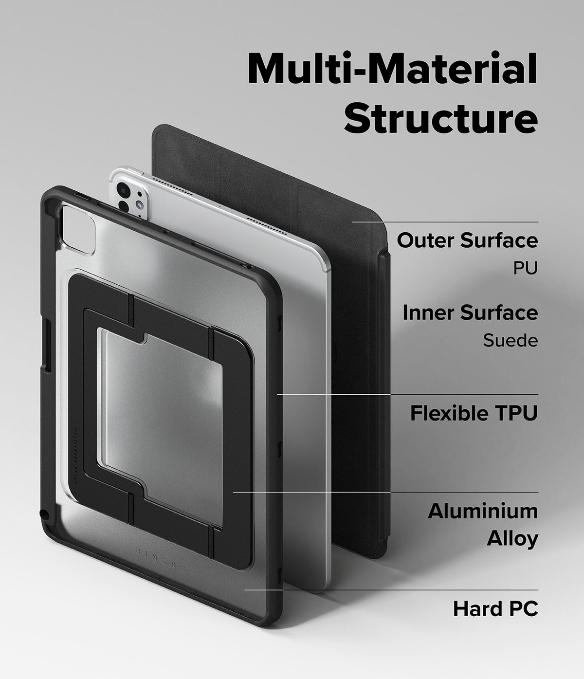 Ringke Apple iPad Pro (11") / Air (11", 10.9") Case [Multiverse Case] - A protective tablet case shown in an exploded view with labeled materials: outer surface PU, inner surface suede, flexible TPU, aluminium alloy, and hard PC. Text at the top reads 'Multi-Material Structure' on a light gray background.