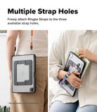 Ringke Apple iPad Pro (11") / Air (11", 10.9") Case [Multiverse Case] - A split lifestyle image demonstrating a rugged tablet case with multiple strap holes. On the left, a model wears the case with an orange Ringke strap attached to the top.
