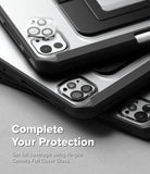 Ringke Apple iPad Pro (11") / Air (11", 10.9") Case [Multiverse Case] - Three smartphones shown at an angle with protective camera cover glass installed, on a gray studio background with the text 'Complete Your Protection' and 'Get full coverage using Ringke Camera Full Cover Glass.'.