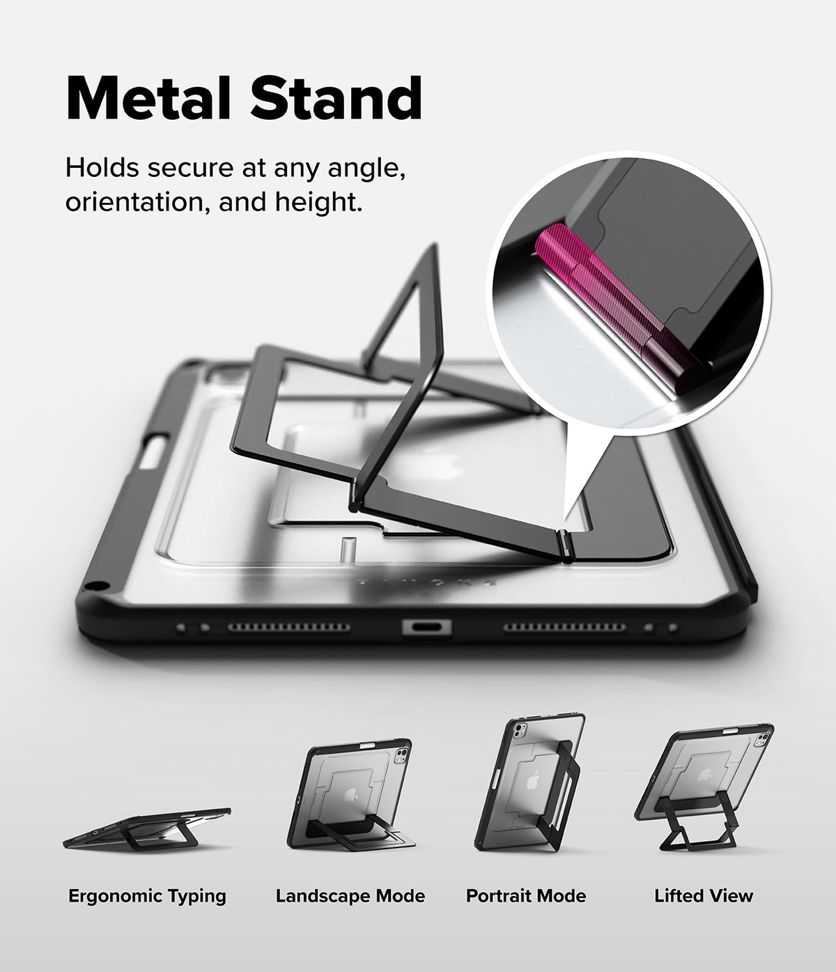 Ringke Apple iPad Pro (11") / Air (11", 10.9") Case [Multiverse Case] - A black metal tablet stand shown with a silver tablet case, demonstrating its foldable stand function. The image includes text reading 'Metal Stand' and 'Holds secure at any angle, orientation, and height.