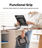 Ringke Apple iPad Pro (11") / Air (11", 10.9") Case [Multiverse Case] - A person holds a tablet in a black rugged protective case with a built-in metal stand, demonstrating the 'Functional Grip' feature in two indoor settings. The top half shows the tablet held at an angle, and the bottom half shows it held upright against a window.