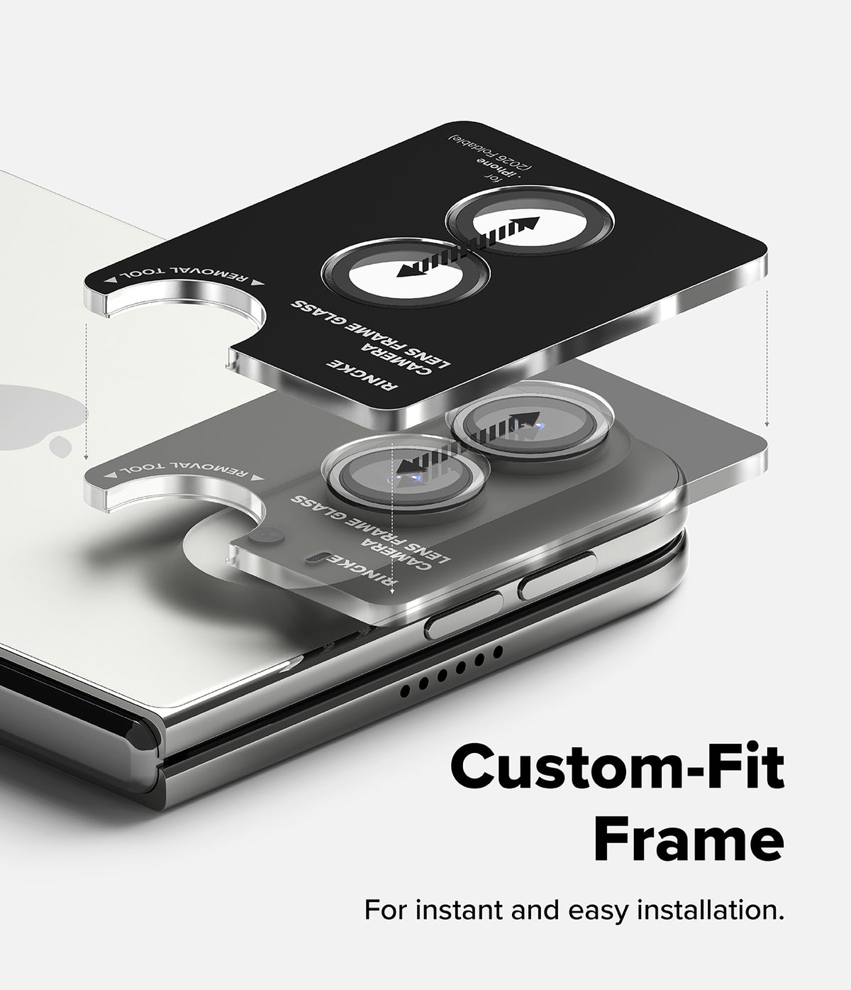 iPhone Duo | Fusion + Hinge (2P) all-groups - Custom-fit phone camera lens protector frame shown in a floating exploded view over a smartphone, with text reading 'Custom-Fit Frame' and 'For instant and easy installation.'.
