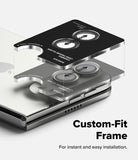 iPhone Duo | Fusion + Hinge (2P) all-groups - Custom-fit phone camera lens protector frame shown in a floating exploded view over a smartphone, with text reading 'Custom-Fit Frame' and 'For instant and easy installation.'.