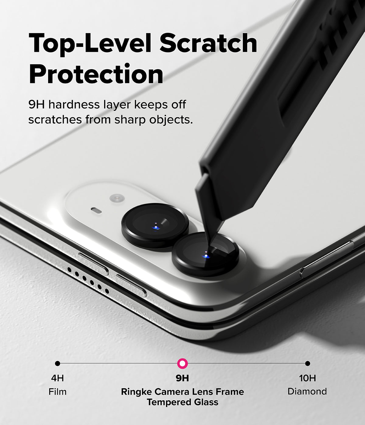 iPhone Duo | Fusion + Hinge (2P) all-groups - Close-up of a smartphone showing the rear camera area with text reading 'Top-Level Scratch Protection' and '9H hardness layer keeps off scratches from sharp objects.' A stylus is touching the camera lens area to demonstrate protection.