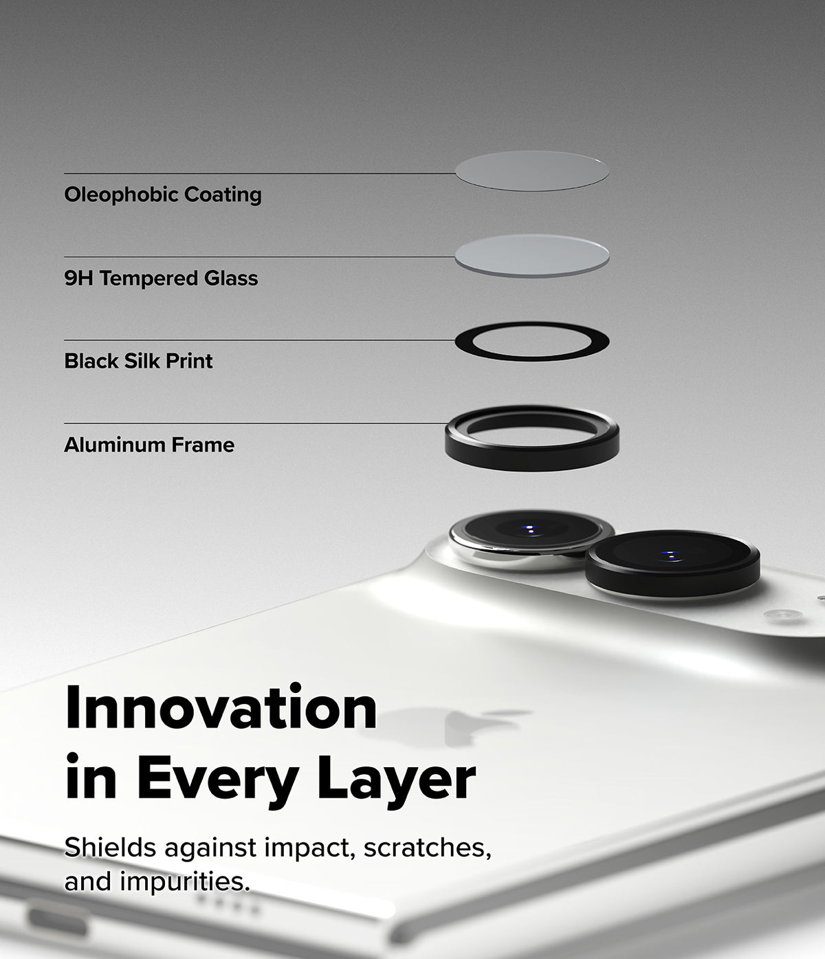 iPhone Duo | Fusion + Hinge (2P) all-groups - Close-up of a smartphone camera area with layered protective elements shown in an exploded layout: oleophobic coating, 9H tempered glass, black silk print, and aluminum frame. Large text reads 'Innovation in Every Layer' and 'Shields against impact, scratches, and impurities.