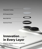 iPhone Duo | Fusion + Hinge (2P) all-groups - Close-up of a smartphone camera area with layered protective elements shown in an exploded layout: oleophobic coating, 9H tempered glass, black silk print, and aluminum frame. Large text reads 'Innovation in Every Layer' and 'Shields against impact, scratches, and impurities.