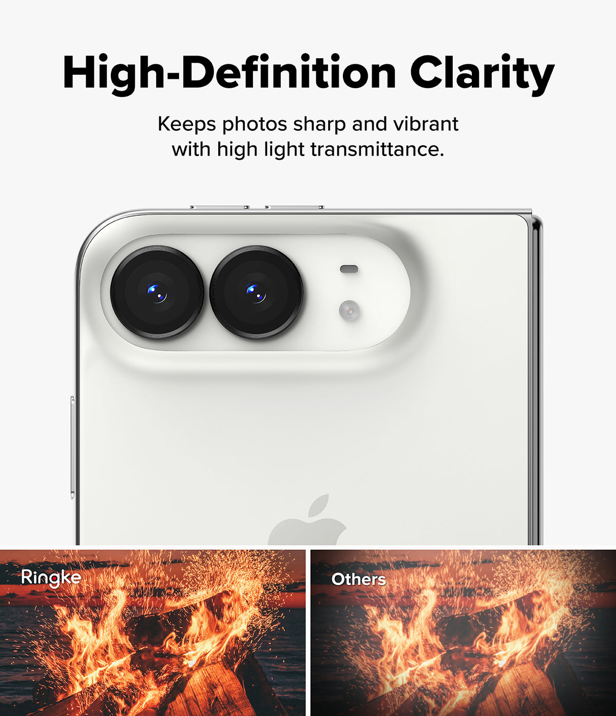 iPhone Duo | Fusion + Hinge (2P) all-groups - A close-up of a white smartphone showing its rear camera system and part of the Apple logo, with marketing text reading 'High-Definition Clarity' and two comparison thumbnails at the bottom labeled Ringke and Others.