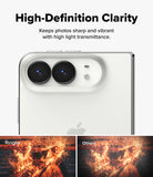 iPhone Duo | Fusion + Hinge (2P) all-groups - A close-up of a white smartphone showing its rear camera system and part of the Apple logo, with marketing text reading 'High-Definition Clarity' and two comparison thumbnails at the bottom labeled Ringke and Others.