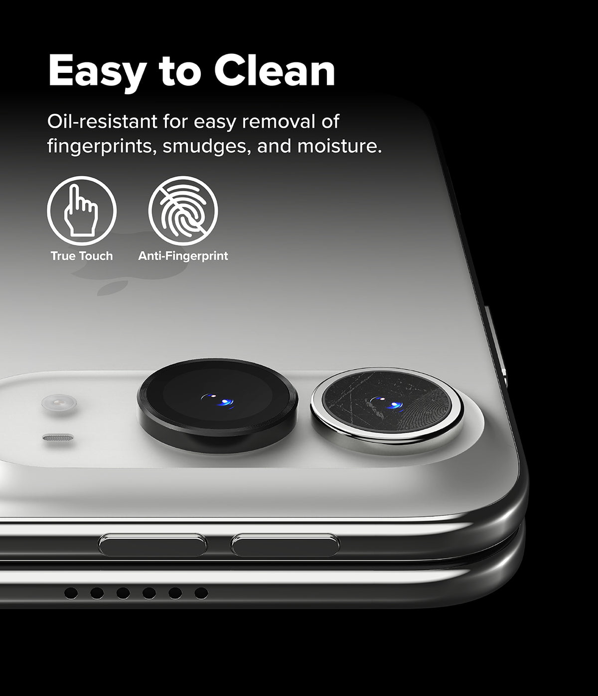 iPhone Duo | Fusion + Hinge (2P) all-groups - Close-up of a smartphone showing two circular camera lens protectors applied to the rear camera module, with marketing text reading 'Easy to Clean' and icons for True Touch and Anti-Fingerprint on a black background.