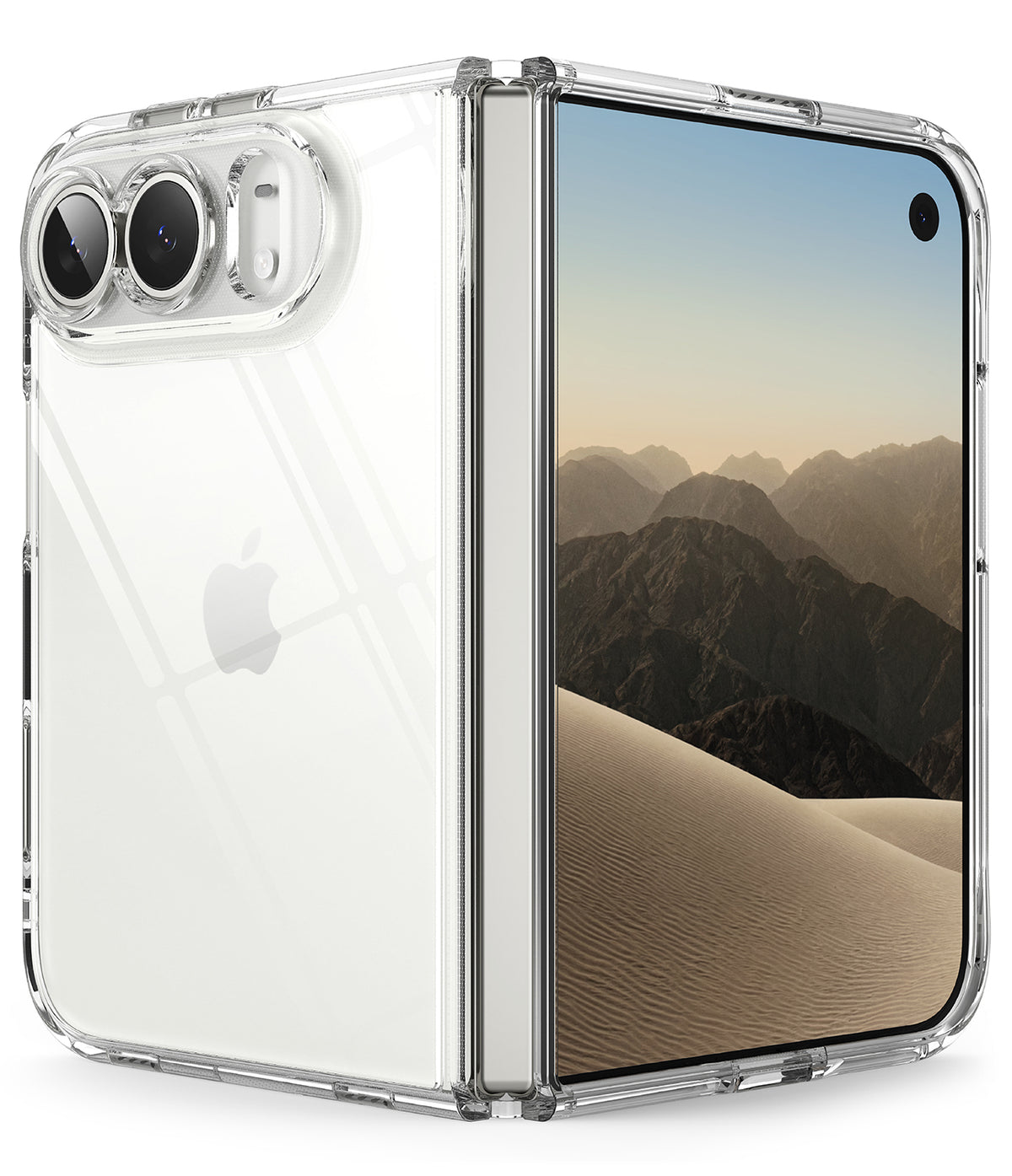 iPhone Duo | Fusion - A clear, transparent protective case for a foldable smartphone, shown fitted on a closed white Apple Z-fold device. The case is transparent, allowing the white back of the phone to show through, with a clear camera cutout.