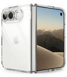 iPhone Duo | Fusion - A clear, transparent protective case for a foldable smartphone, shown fitted on a closed white Apple Z-fold device. The case is transparent, allowing the white back of the phone to show through, with a clear camera cutout.