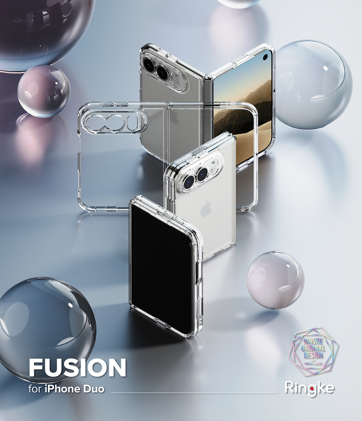 iPhone Duo | Fusion - Transparent protective phone case set shown on folded and unfolded iPhones, with the text 'FUSION for iPhone Duo' and Ringke branding on a reflective light blue studio background with decorative glass spheres.