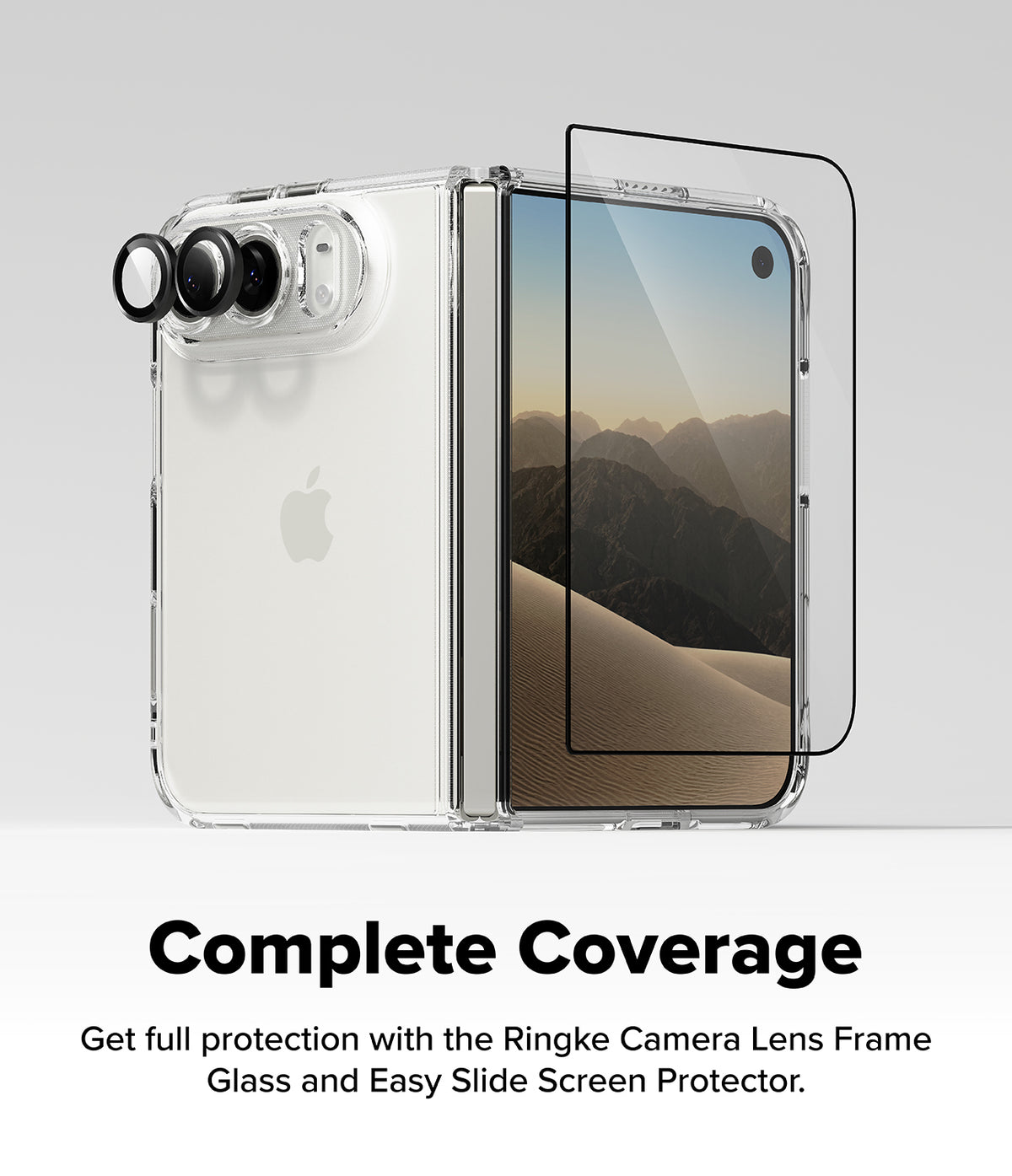 iPhone Duo | Fusion - Clear protective phone case with a transparent camera lens frame and an overlay showing a slide screen protector, displayed on a phone against a light gray background with text reading 'Complete Coverage' and 'Get full protection with the Ringke Camera Lens Frame Glass and Easy Slide Screen Protector.'.