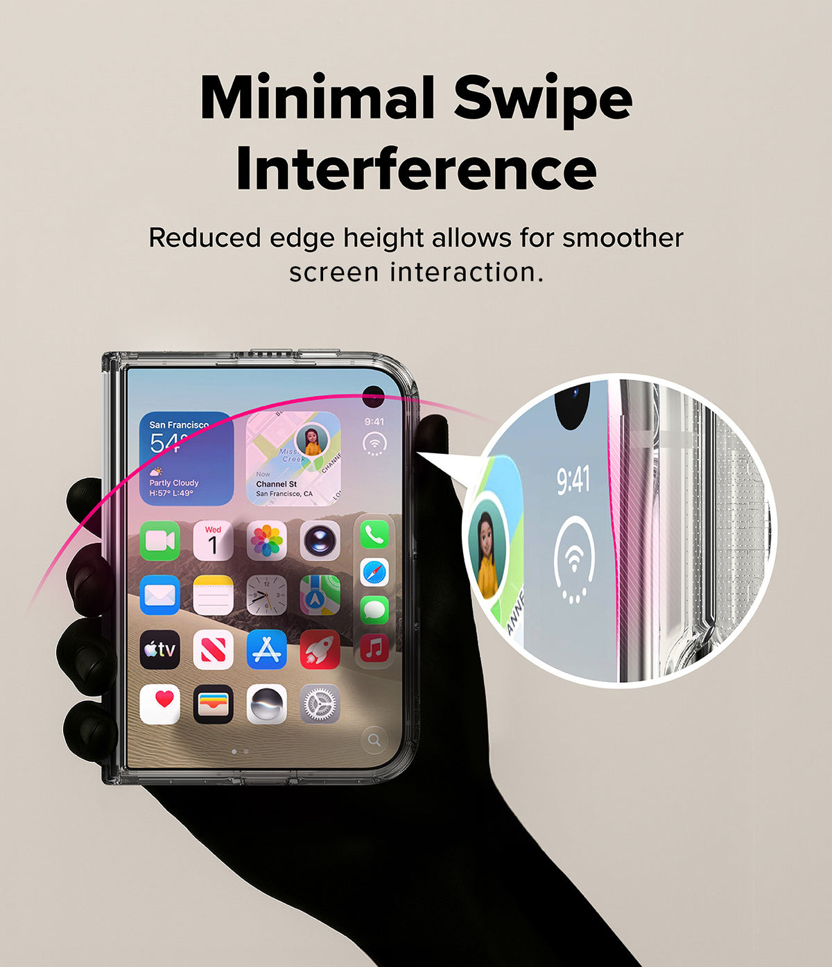 iPhone Duo | Fusion + Hinge (2P) all-groups - A hand holding a smartphone in a clear protective case, with marketing text reading 'Minimal Swipe Interference' and a circular inset showing the phone edge detail. The image is a promotional product graphic rather than a plain studio product shot.