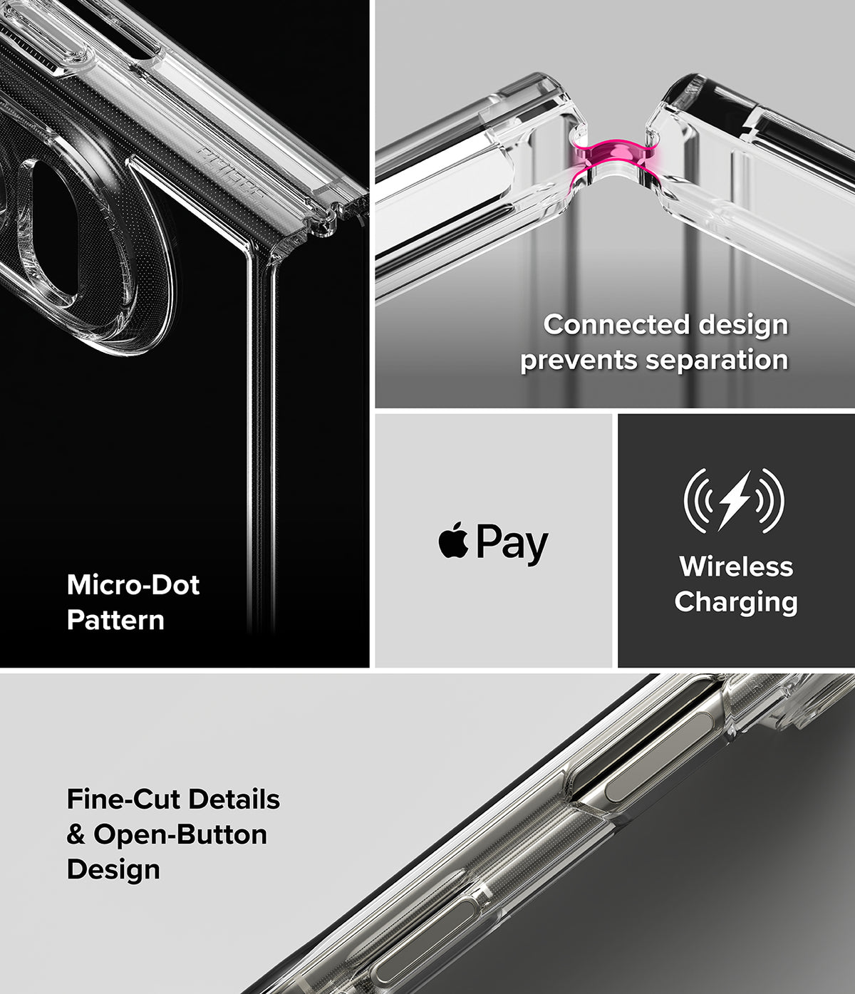 iPhone Duo | Fusion + Hinge (2P) all-groups - Clear protective phone case shown in a multi-panel feature graphic highlighting a Micro-Dot pattern, connected design that prevents separation, wireless charging compatibility, and fine-cut details.