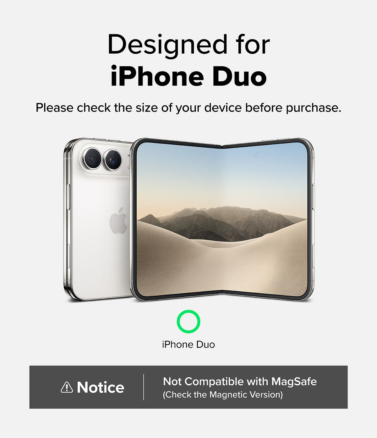 iPhone Duo | Fusion - A clear protective case shown on a silver foldable smartphone, with text stating 'Designed for iPhone Duo' and a note that the product is not compatible with MagSafe. The image shows both the back and front views of the phone case on a light gray background.