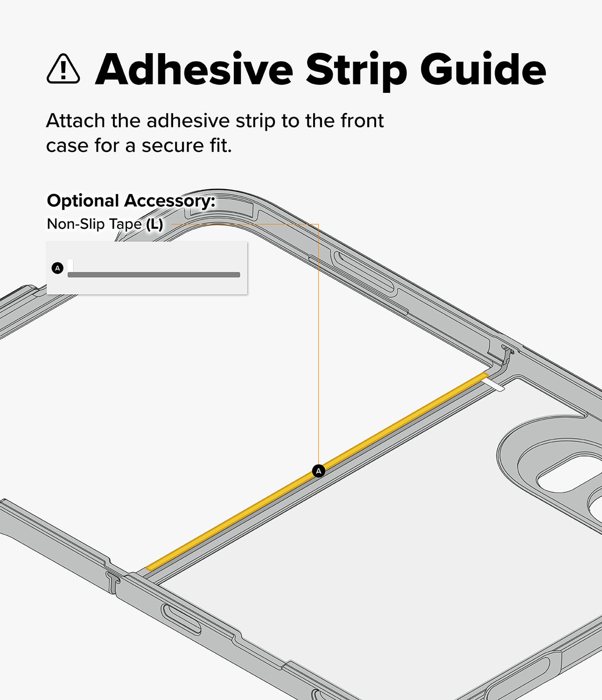 iPhone Duo | Fusion - Instruction graphic titled 'Adhesive Strip Guide' showing a phone case outline with text instructions on attaching an adhesive strip and an optional non-slip tape accessory, plus a highlighted yellow strip indicating the placement.