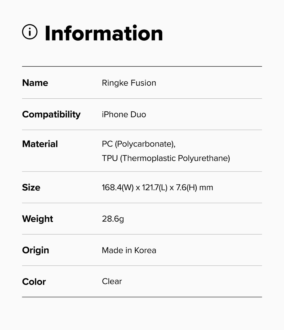 iPhone Duo | Fusion - A digital specification sheet for the Ringke Fusion iPhone Duo case, detailing the name, compatibility, material, size, weight, and origin. The case is described as clear with PC and TPU materials.