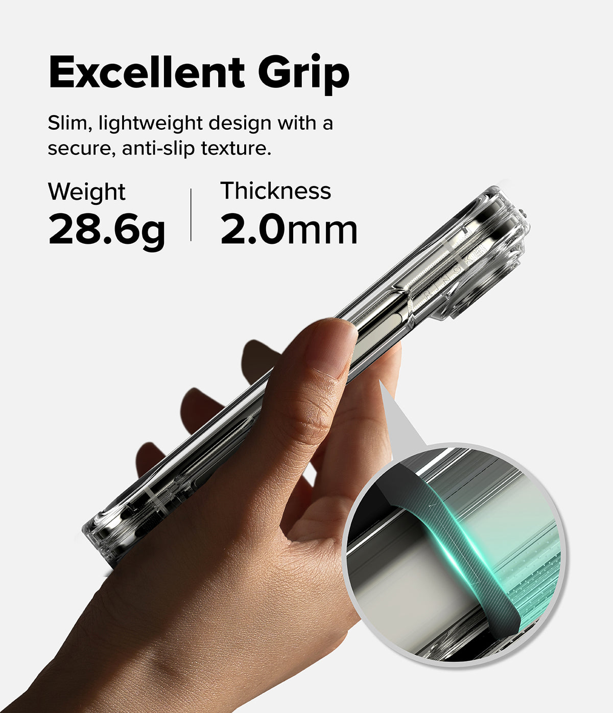iPhone Duo | Fusion - A hand holding a slim transparent pen-style device with text reading 'Excellent Grip' and specifications 'Weight 28.6g' and 'Thickness 2.