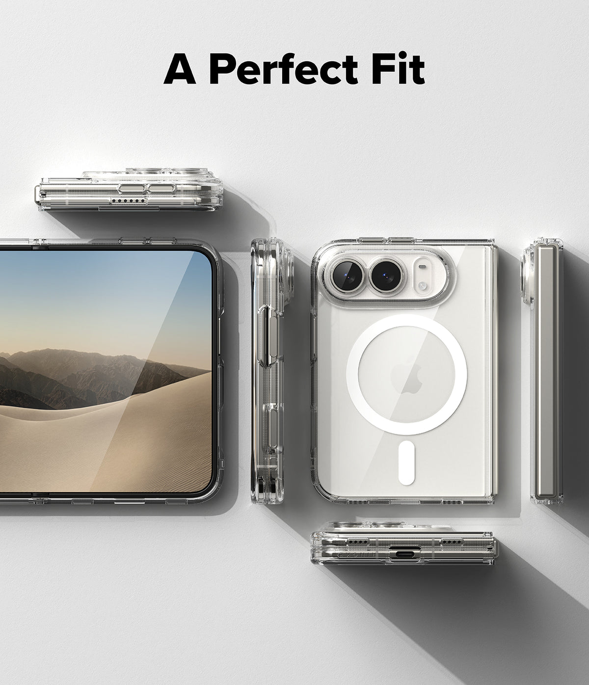 iPhone Duo | Fusion Magnetic - A clear protective phone case shown from multiple angles on a light gray background, with the text 'A Perfect Fit' at the top. The phone inside is visible through the transparent case.