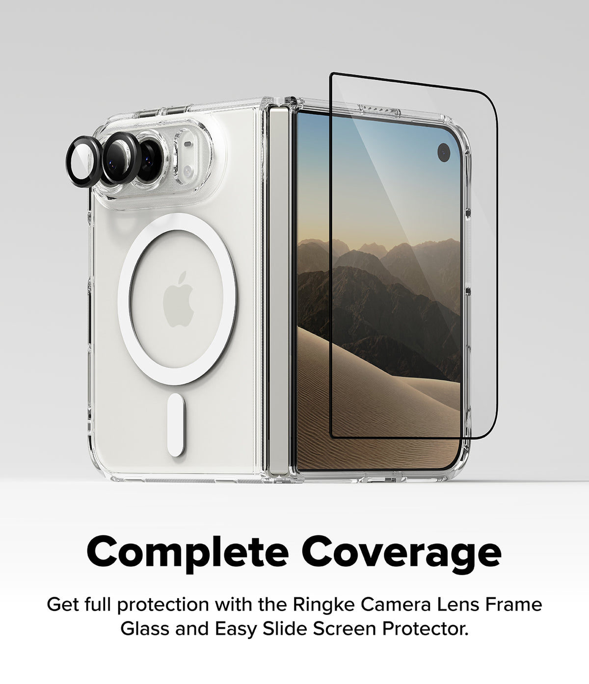 iPhone Duo | Fusion Magnetic - Clear protective phone case shown with a smartphone, including a raised camera lens frame and a slide-out screen protector overlay, on a light gray background with text reading 'Complete Coverage' and a Ringke Camera Lens Frame Glass and Easy Slide Screen Protector.