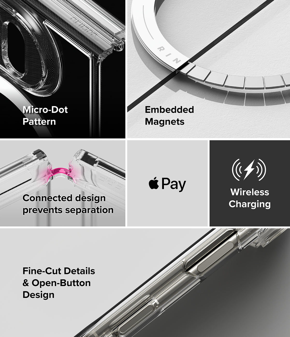iPhone Duo | Fusion Magnetic + Hinge (2P) all-groups - A 4-panel feature infographic for a clear phone case. The panels highlight key features: a 'Micro-Dot Pattern' on the camera ring, 'Embedded Magnets' with an Apple Pay logo, 'Connected design prevents separation' with a pink contact detail illustration, and 'Fine-Cut Details & Open-Button Design' on a close-up of the side button.