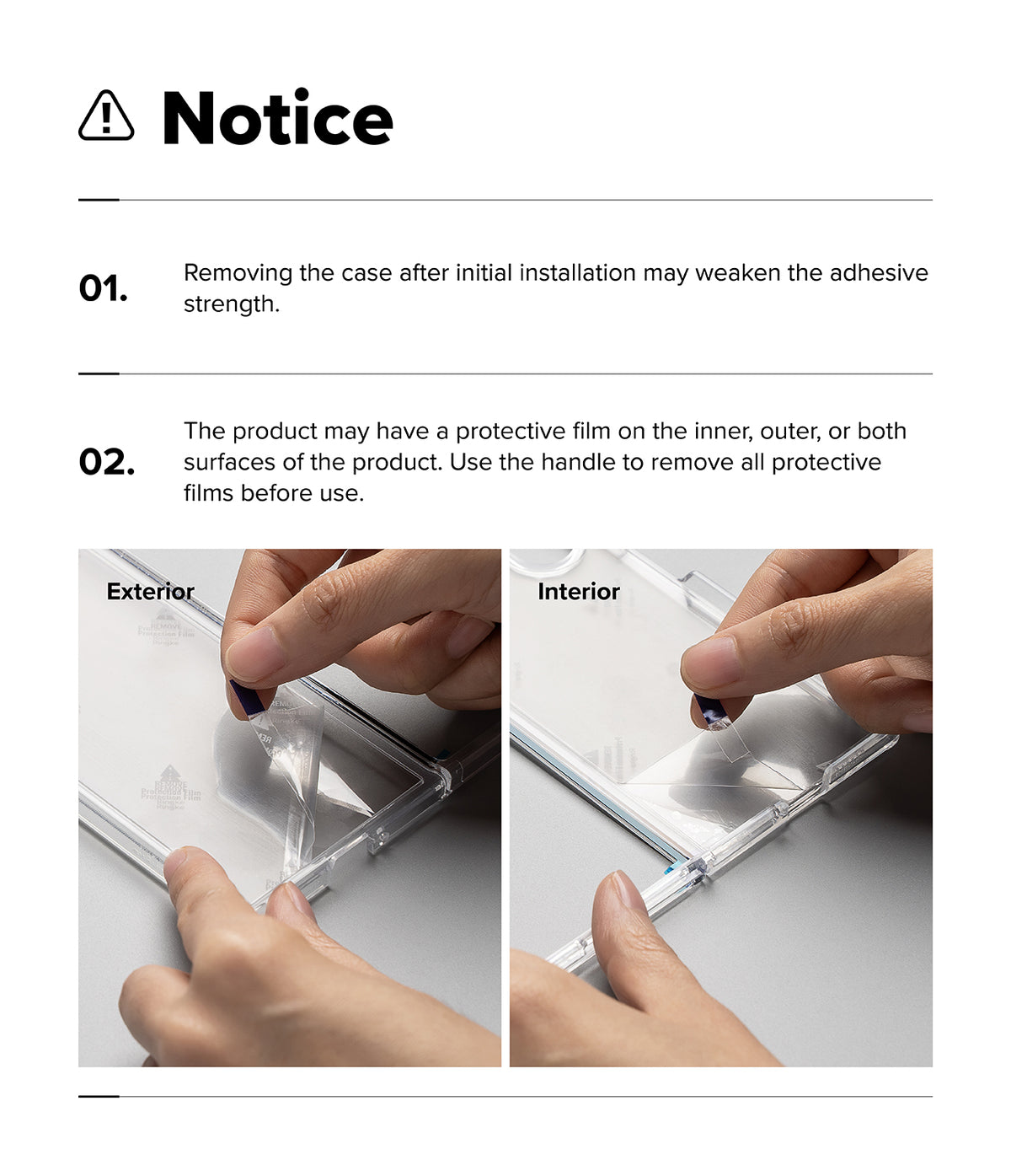 iPhone Duo | Fusion Magnetic - Instruction notice sheet showing two panels with hands applying a transparent protective film to a clear case, labeled Exterior and Interior, with text warning that removing the case after installation may weaken adhesive strength and that protective films should be removed before use.