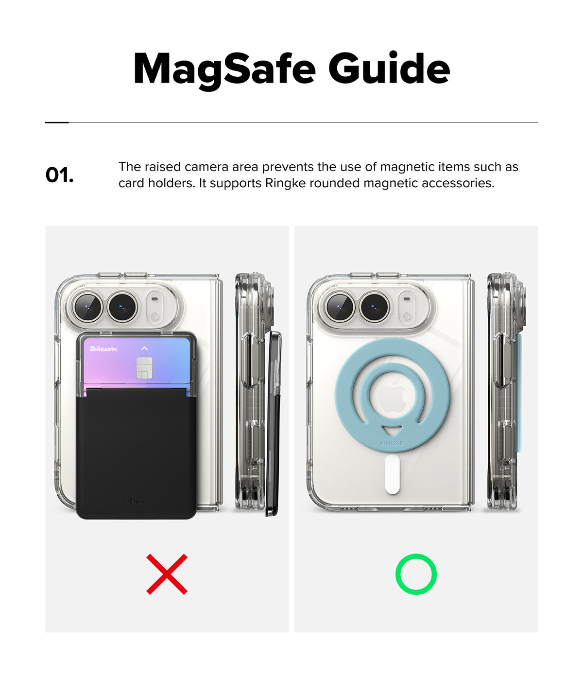 iPhone Duo | Fusion Magnetic - MagSafe compatibility guide graphic showing a clear phone case with a black magnetic card holder on the left marked with a red X, and the same case with a light blue magnetic ring on the right marked with a green O, under the heading 'MagSafe Guide'.