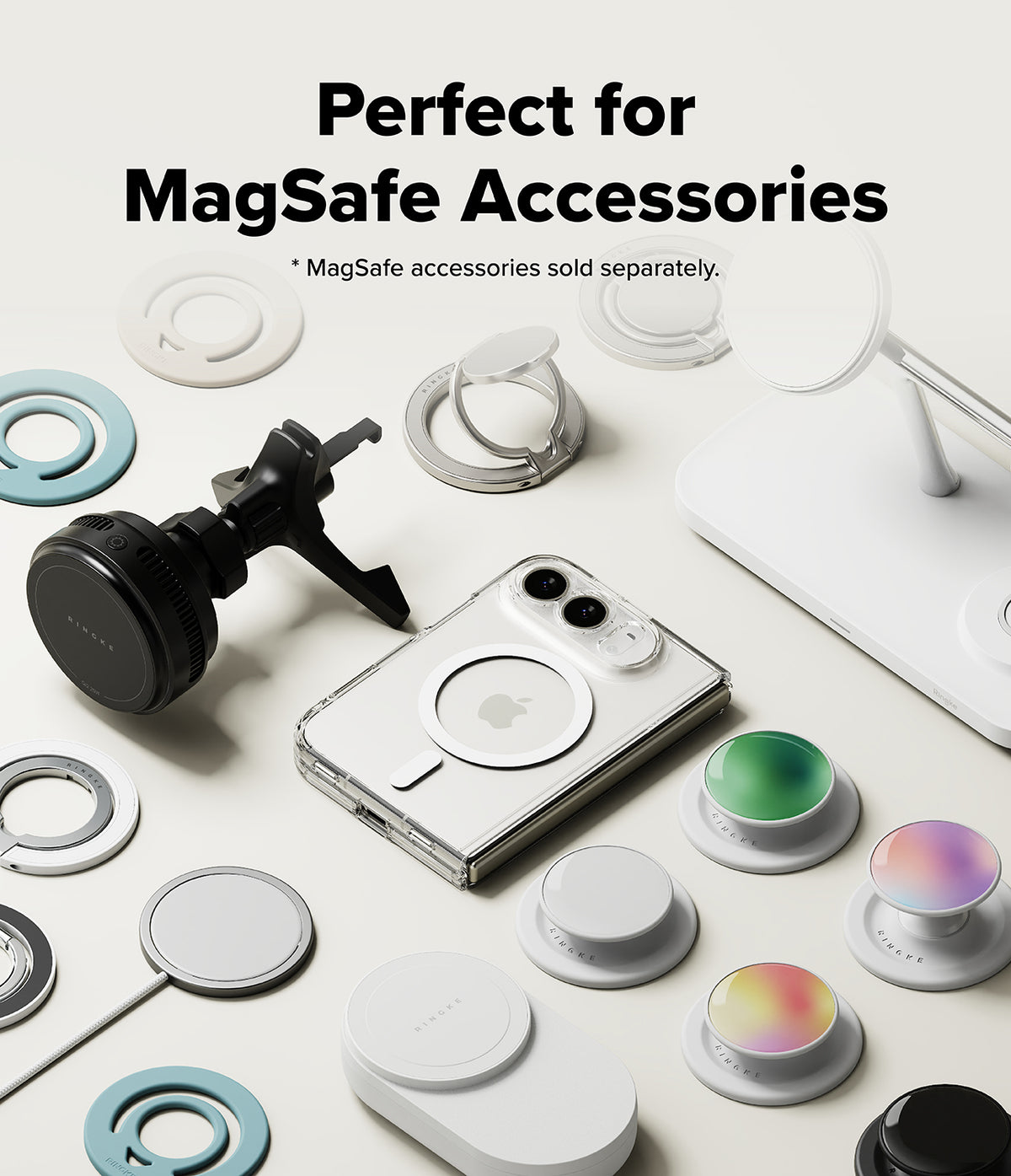iPhone Duo | Fusion Magnetic + Hinge (2P) all-groups - A promotional flat lay showing MagSafe-compatible accessories around a white smartphone on a light background, with text reading 'Perfect for MagSafe Accessories.' Visible items include a black magnetic mount, white rings/cups, a white stand, and several circular magnetic pieces in white, black, teal, green, and iridescent colors.