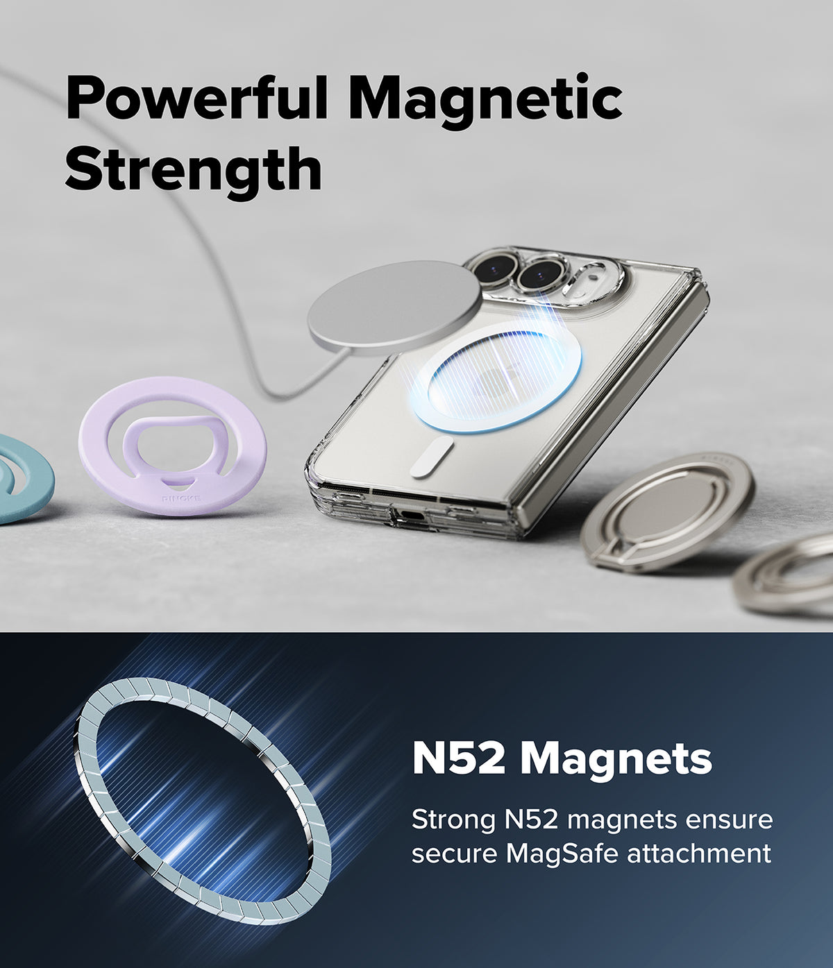 iPhone Duo | Fusion Magnetic + Hinge (2P) all-groups - A clear smartphone case with metallic MagSafe-style magnetic rings and a blue magnetic charging area, shown on a light gray background with promotional text reading 'Powerful Magnetic Strength' and 'N52 Magnets Strong N52 magnets ensure secure MagSafe attachment.'.