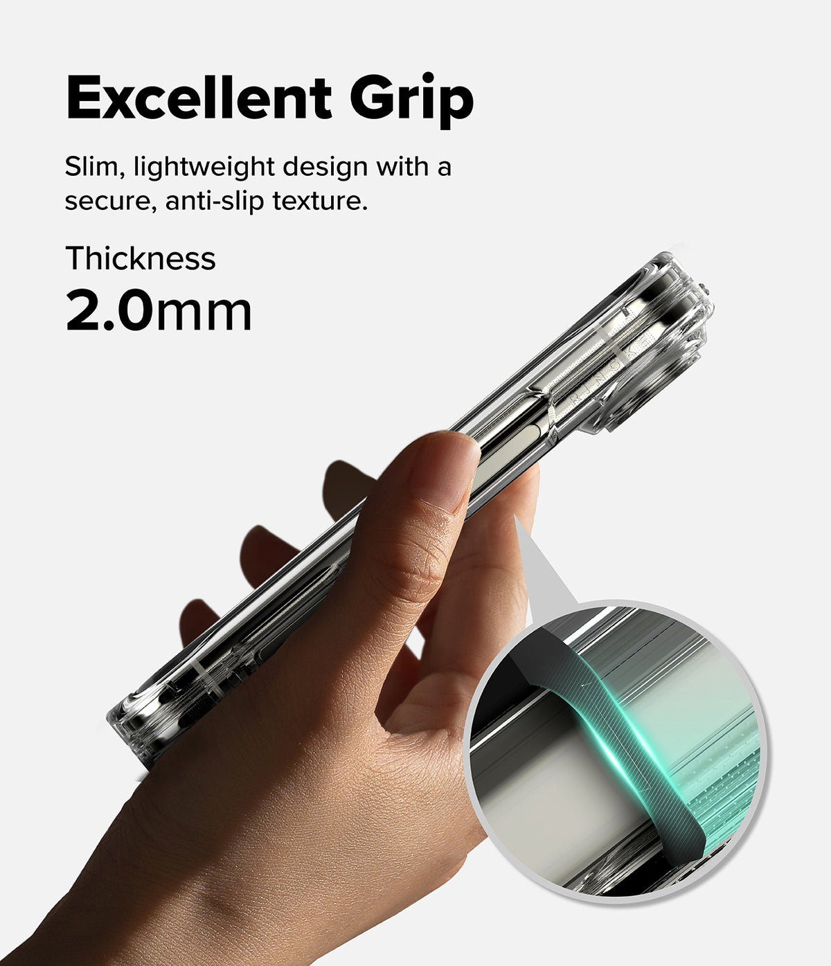 iPhone Duo | Fusion Magnetic + Hinge (2P) all-groups - A hand holding a slim, transparent cylindrical accessory with metallic inner layers, shown with marketing text reading 'Excellent Grip' and 'Thickness 2.0mm,' plus a circular inset close-up highlighting the grip texture.