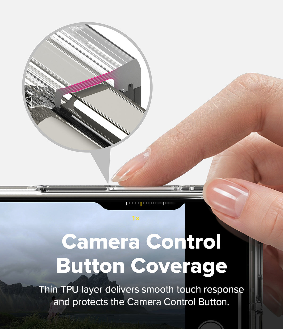 iPhone Duo | Fusion Magnetic + Hinge (2P) all-groups - Close-up of a hand touching the top edge of a smartphone, with an inset circle highlighting camera control button coverage and text reading 'Camera Control Button Coverage' on a light gray background.