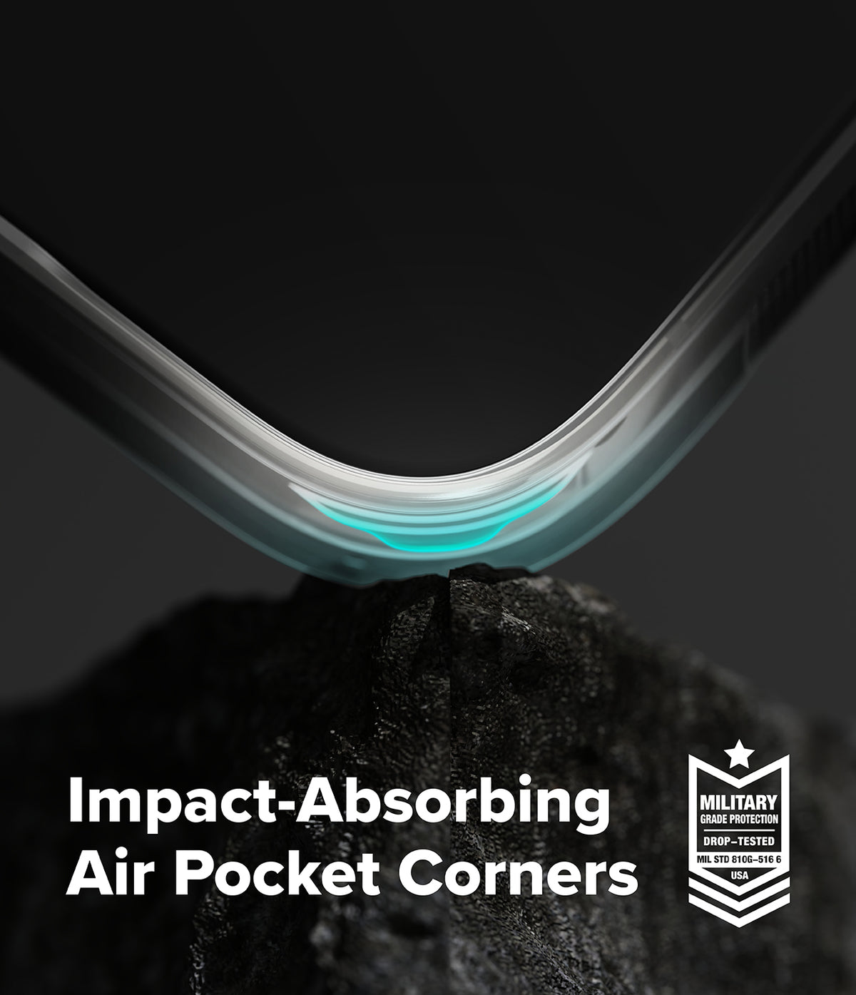 iPhone Duo | Fusion Magnetic - Close-up of a transparent protective phone case corner bending over a dark textured surface, with the text 'Impact-Absorbing Air Pocket Corners' and a military-standard badge on a dark background.