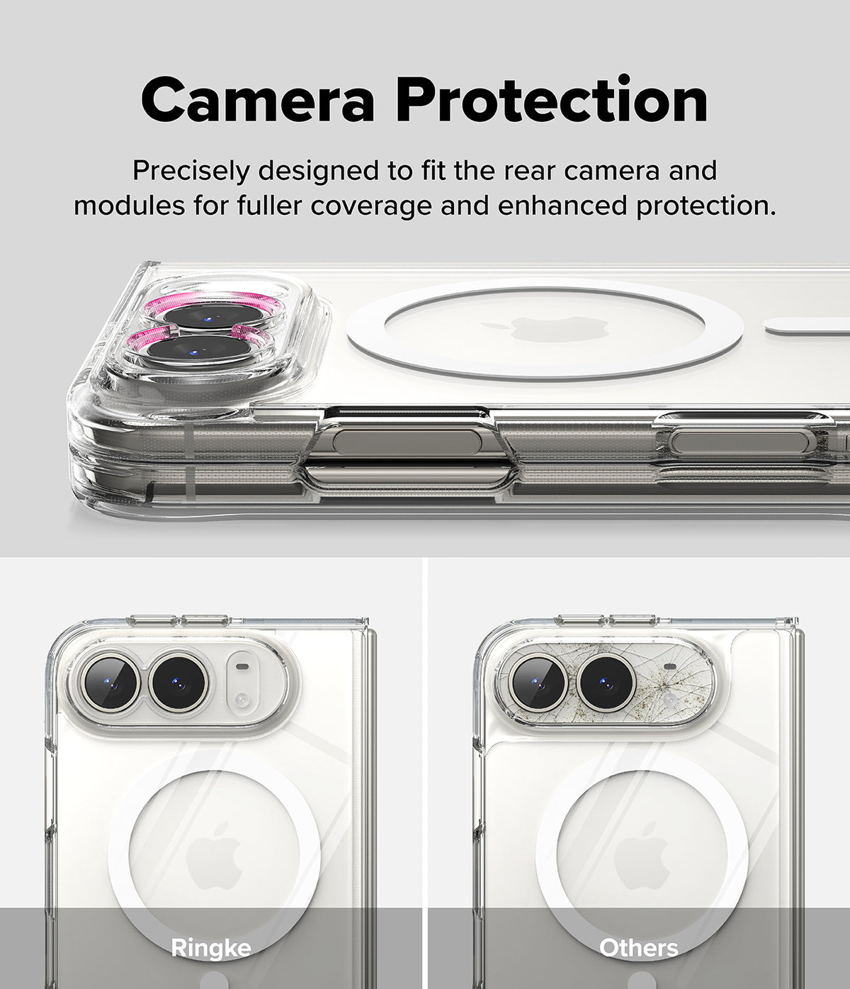 iPhone Duo | Fusion Magnetic - A clear phone camera protection case shown on a smartphone, with text above reading 'Camera Protection' and two smaller comparison views below labeled Ringke and Others.